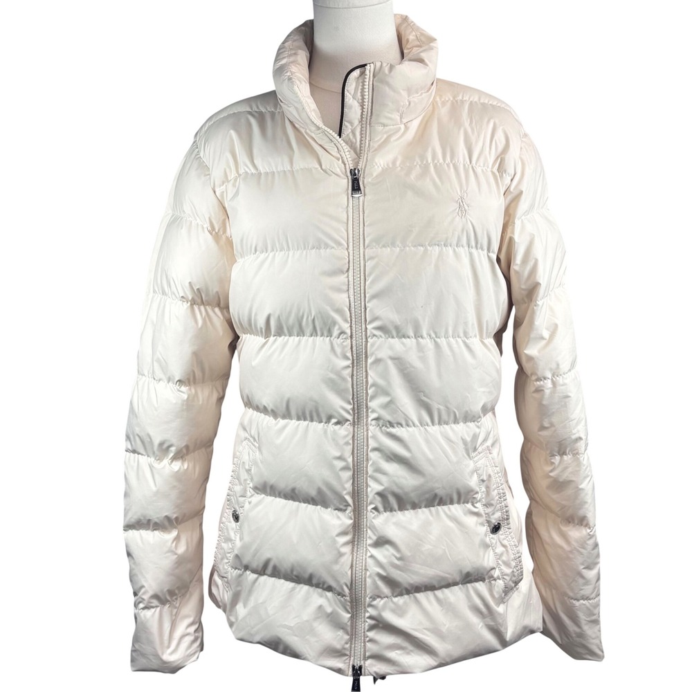 Polo Ralph Lauren Puffer Jacket Cream Down Filled Quilted Winter Logo Timeless L
